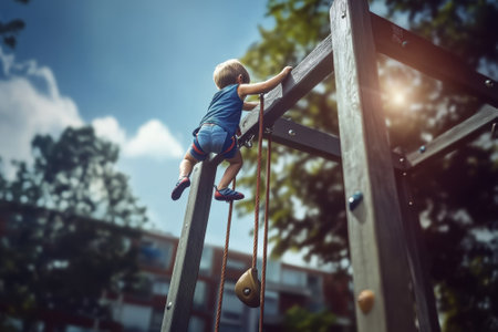 Young child scales playground structure with determination on a bright day in a community park.の写真素材