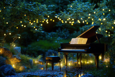 A grand piano sits in a serene garden, illuminated by soft fairy lights, creating a magical nighttime atmosphere.の写真素材