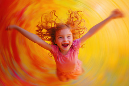 A joyful young girl spins around with arms wide open, her hair flying as she enjoys a colorful, vibrant environment.の写真素材