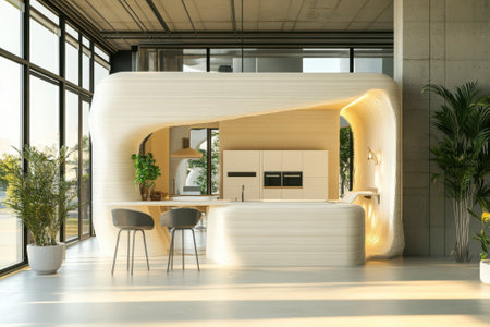 Sleek kitchen with rounded edges, large windows, plants, and minimal furniture, epitomizing contemporary living.の写真素材