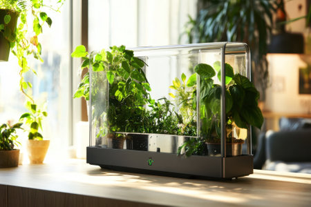A stylish glass greenhouse sits on a wooden surface, filled with vibrant green plants under natural sunlight.の写真素材