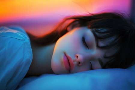 A woman relaxes as she sleeps peacefully, illuminated by soft, colorful light in a tranquil environment.の写真素材