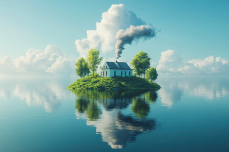 A small house with a chimney sits on an island surrounded by tranquil water and lush greenery.の写真素材