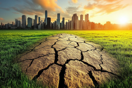 Cracked earth extends through grass, guiding the viewer from nature to a vibrant city skyline during sunset.の写真素材