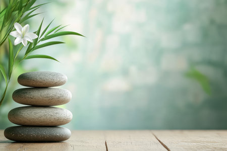 Four smooth stones are stacked neatly, accompanied by a delicate flower and green leaves, creating tranquility.の写真素材