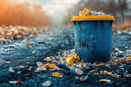 A blue trash container stands full of refuse beside a littered road, highlighting urban waste challenges at dusk.の写真素材