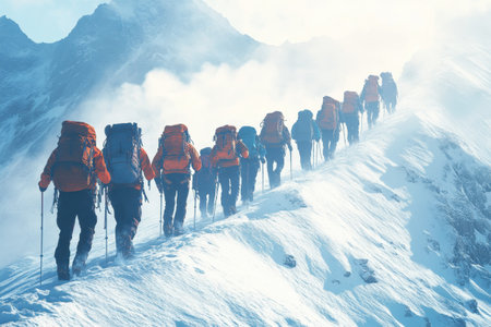 A team of hikers ascends a snow-covered peak under a clear blue sky, showing determination and teamwork.の写真素材