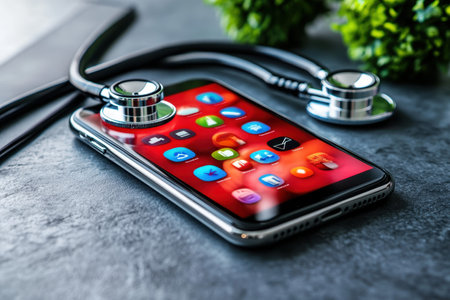 A smartphone lies on a dark surface with a stethoscope, highlighting health applications and technology.の写真素材