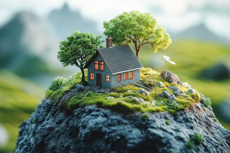 A charming little house sits atop a rocky formation, with warm lights glowing through the windows.の写真素材