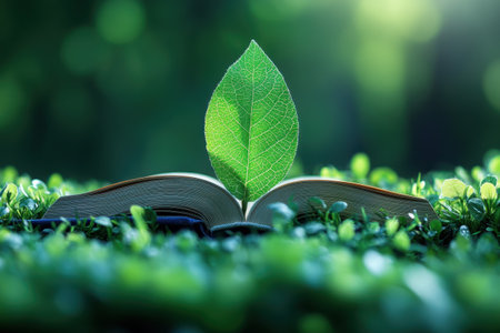 A bright scene of an open book resting on lush greenery, with a leaf sprouting from its pages.の写真素材