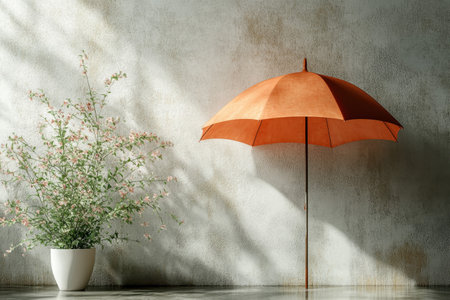 An orange umbrella stands next to a potted plant, creating a warm atmosphere in a bright room.の写真素材