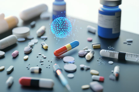 Pills and medicine bottles create a vibrant display on a surface, with a holographic virus hovering above.の写真素材