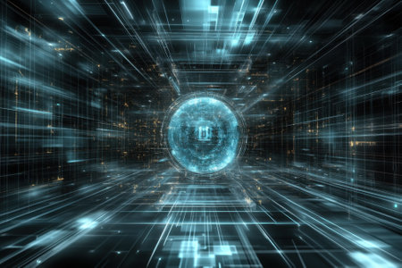 A vibrant digital vortex is formed with luminous lines converging on a glowing sphere at the center.の写真素材