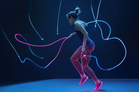 A person performs an energetic jump rope exercise surrounded by glowing ropes, showing skill and focus.の写真素材