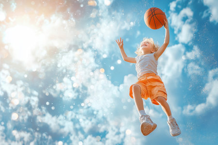 A child in orange shorts leaps into the air, aiming a basketball toward the hoop on a sunny day.の写真素材