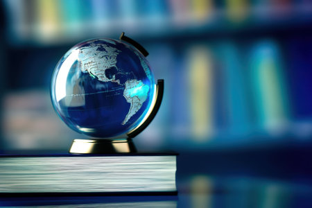 A globe rests on a stack of books, symbolizing knowledge and global exploration in a library setting.の素材