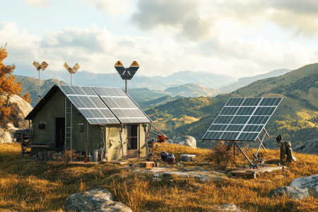 Solar panels and wind turbines power a remote cabin amidst rolling hills and mountains at sunset.の写真素材