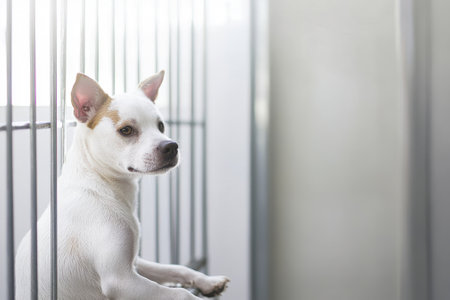 A small white dog with brown markings looks out from its cage in a warm shelter, hoping for a new home.の写真素材