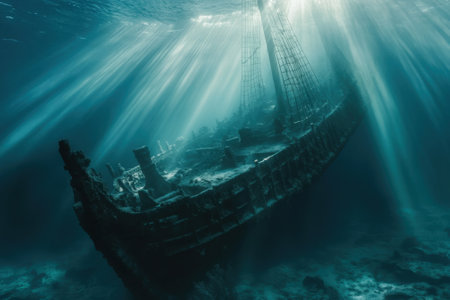 The remnants of a large ship lie submerged on the seabed, illuminated by rays of sunlight filtering through the water.の写真素材