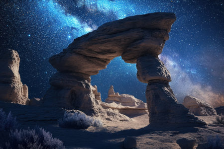 A magnificent stone archway stands in a serene desert under a breathtaking starry sky filled with countless stars.の写真素材