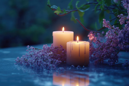 Two lit candles are surrounded by delicate lilac flowers in a peaceful outdoor setting at dusk.の写真素材