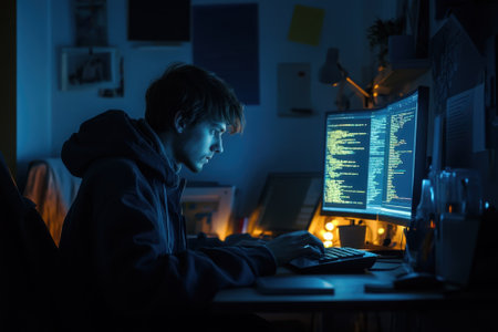 A young individual is focused on coding in a dark room illuminated by computer screens and soft lights.の写真素材