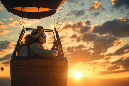 Person enjoys a hot air balloon ride as the sun sets, casting beautiful colors in the sky over the landscape.の素材