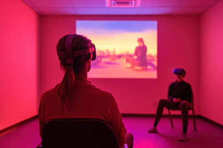 Two individuals are engaged in virtual reality activities while colorful light casts shadows around them.の写真素材