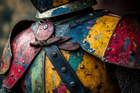 Brightly colored medieval armor showcases craftsmanship during a lively historical festival in the countryside.の写真素材