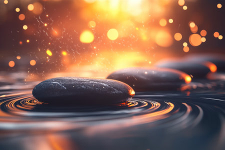 Smooth stones rest on the water's surface as ripples form, illuminated by a beautiful sunset glow.の写真素材