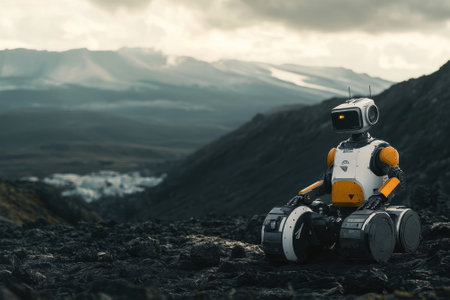 A small robot with a friendly design navigates the rough, rocky terrain of a volcanic area under cloudy skies.の写真素材