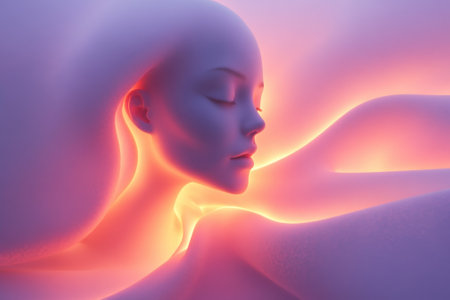 A serene figure with closed eyes is partially enveloped by soft, luminous shapes, creating a dreamlike effect.の写真素材