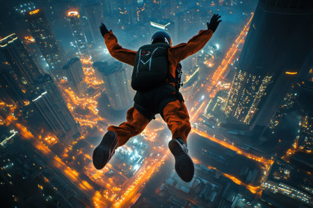 A base jumper in an orange suit leaps from a tall building, gliding above a glowing city skyline after sunset.の写真素材