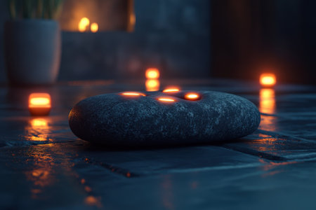 Soft candlelight flickers around a smooth stone centerpiece, creating a calming atmosphere in a serene space.の写真素材