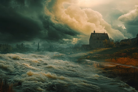 Dark storm clouds loom above a raging river next to a rustic house as twilight approaches the landscape.の写真素材