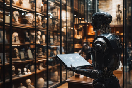 A robotic figure holds a tablet, engaging with historical artifacts in a dimly lit museum.の写真素材