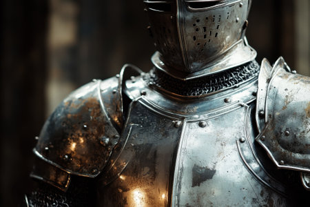 Close-up of shining medieval knight armor, highlighting its intricate details against a rustic backdrop.の写真素材