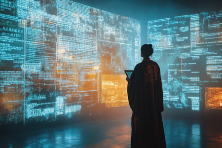 An individual stand in a dark room immersed in colorful digital displays, interacting with data on a device.の写真素材