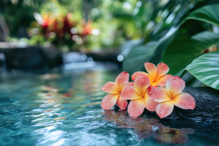 Vibrant flowers rest on smooth stones next to crystal-clear water, surrounded by rich greenery and tropical plants.の写真素材