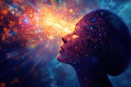 A woman's silhouette emits vibrant cosmic energy, illustrating creativity and inspiration in an artistic manner.の写真素材