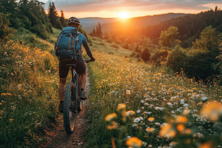 A cyclist enjoys a serene ride through a vibrant, flowery path at sunset in the mountains.の写真素材