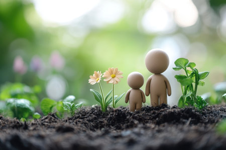 Two figures stand in a garden, surrounded by vibrant flowers and lush plants, enjoying nature together.の写真素材