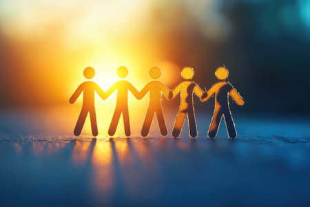 Colorful paper figures join hands at sunset, representing friendship and togetherness in a serene outdoor setting.の写真素材