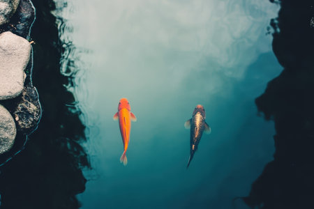 Two koi fish glide gently through clear pond water beneath a serene surface reflecting nature.の素材