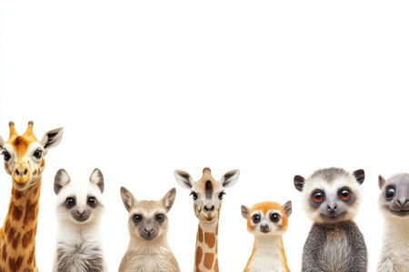 Various charming animals stand side by side, showing their unique features against a plain backdrop.の写真素材