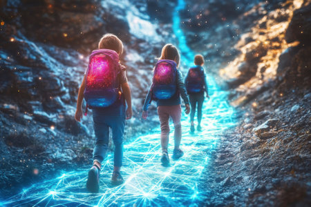 Three kids with backpacks walk along a vibrant, glowing path in a surreal, rocky terrain.の写真素材