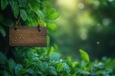 A wooden sign with droplets rests among vibrant green leaves, surrounded by a peaceful, misty forest atmosphere.の写真素材