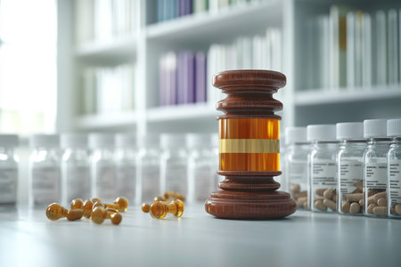 A wooden gavel rests next to various medication bottles on a desk in a law office.の写真素材