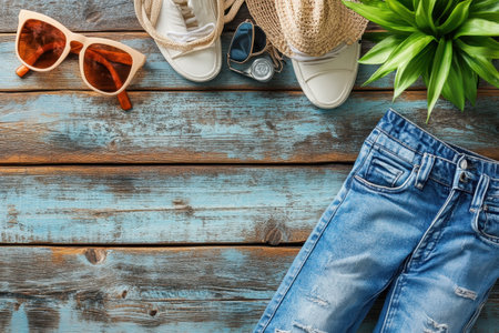 A stylish summer outfit featuring denim shorts, sunglasses, and sneakers is displayed on weathered wood.の写真素材