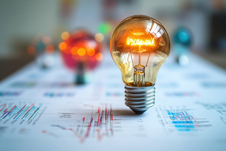 A glowing light bulb stands out on a table covered with financial charts and data during daylight.の写真素材